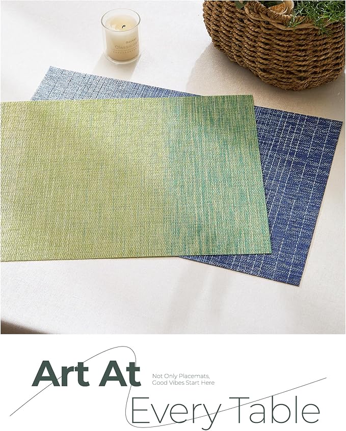 Leetaltree Gradient Green Woven Placemats Set of 12 - Heat Resistant Non-Slip Place mats for Dining Table, Washable Durable PVC Vinyl Woven Table Mats(Gradient Green, 12)