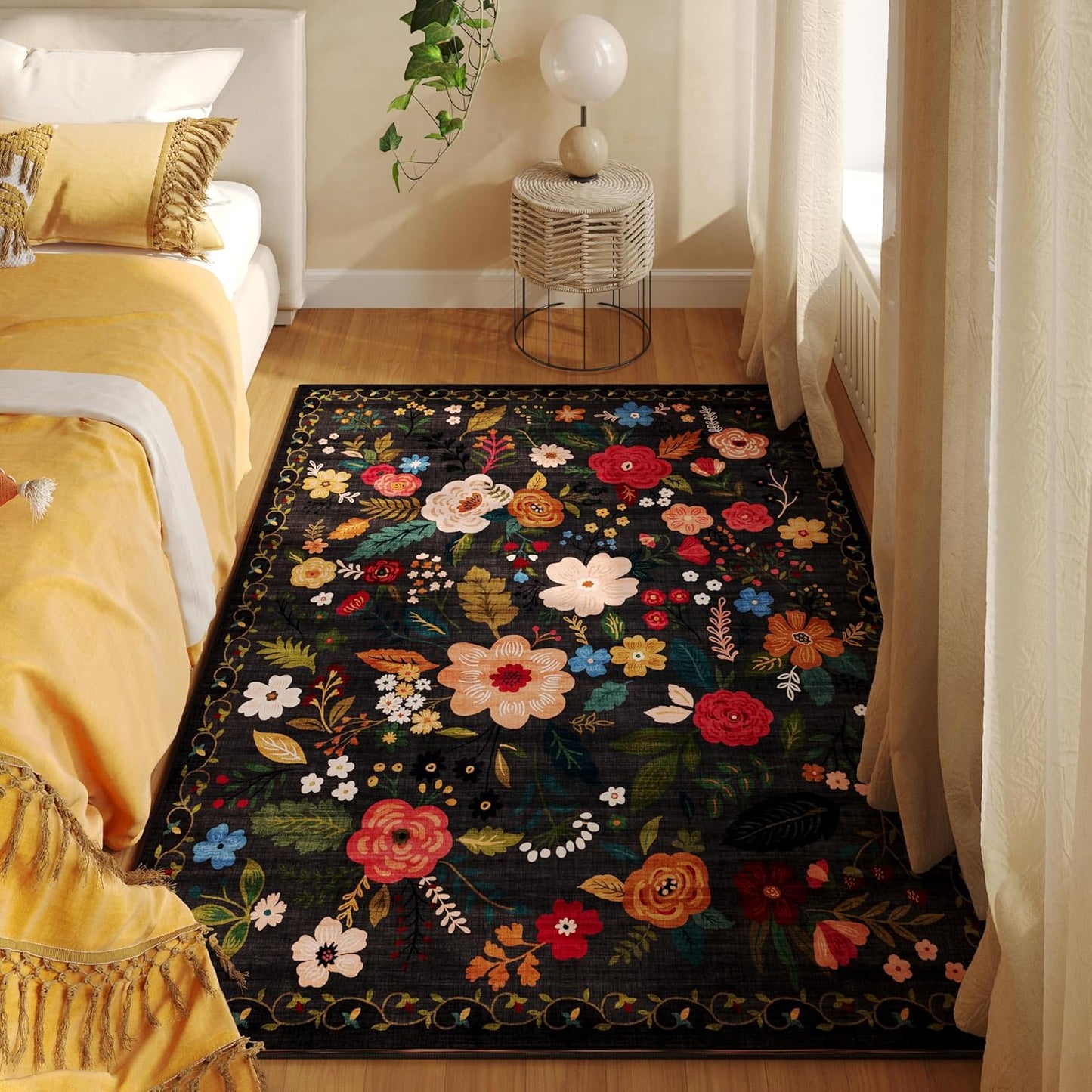 Rugcomf Area Rug 4x6 Rug Washable Boho Rugs Non Slip Low Pile Floral Small Carpet for Bedroom, Bedside, Kids Room, Office, Dining Room(Black)