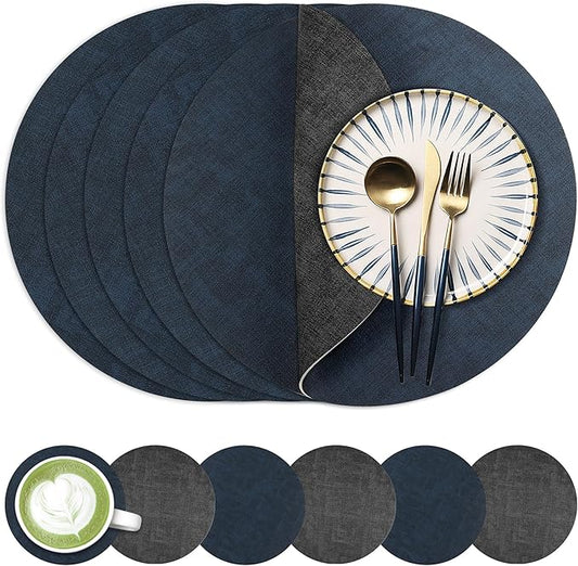 13-Inch Faux Leather Round Placemats Set of 6, Waterproof Anti-Slip Dual Sided Place mats, Heat Resistant Washable Table Mats with Coaster, Suitable for Indoor & Outdoor (6, Black Navy Blue)