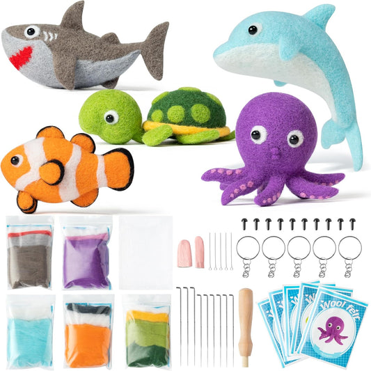WATINC Needle Felting Kit - 5 Set Unique Different Cute Doll Wool Felt Needle Tools Foam Pad Instruction, DIY Home Decoration Craft Party Supplies for Art Work Starter Beginners (Sea Animal)