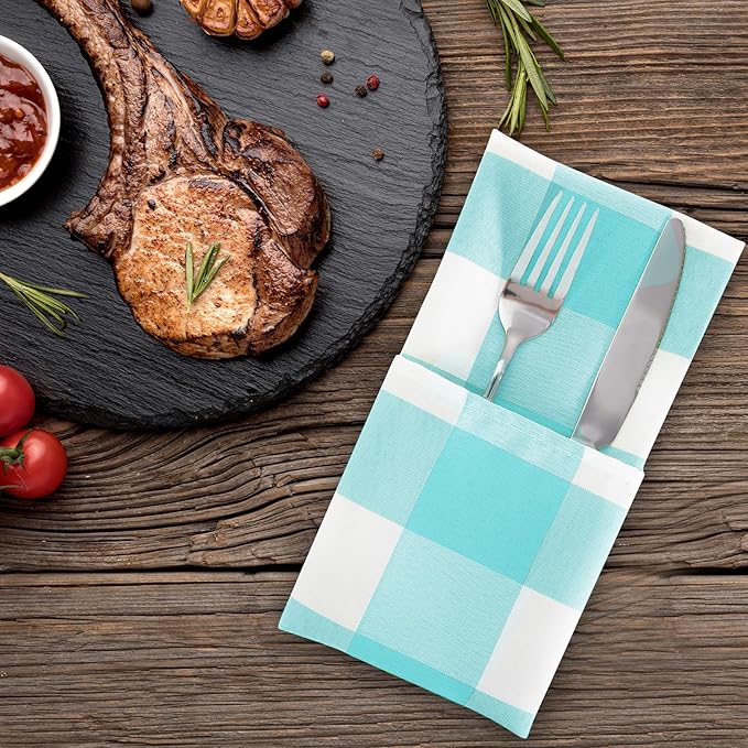 Buffalo Plaid Table Napkins Set of 12 Checkered Cloth Napkins 17x17 inch Washable Dinner Gingham Pattern Napkins Soft Napkins for Wedding Party Dining Banquet(Aqua and White)