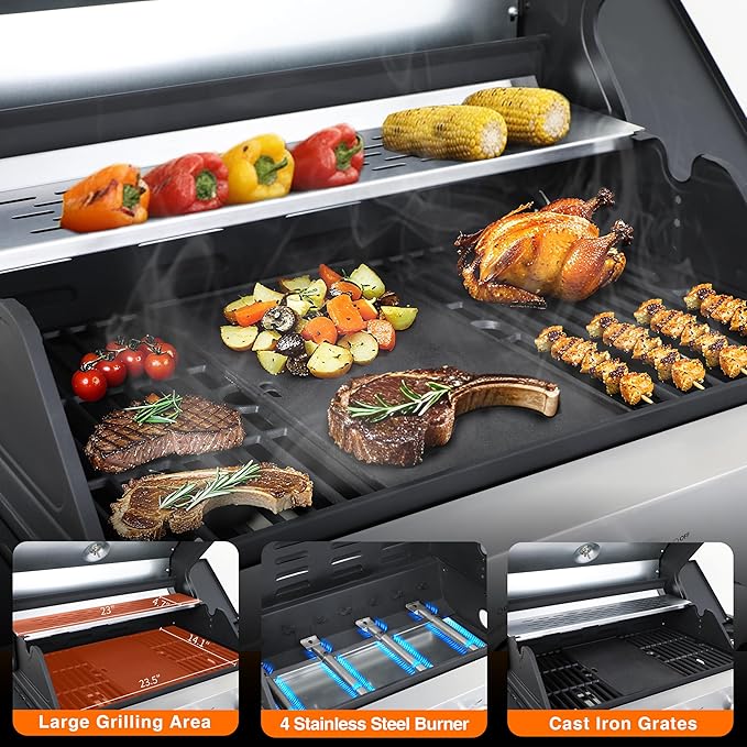 4-Burner Gas Grill, 46,790 BTU Outdoor BBQ Grill with Infrared Side Burner, Porcelain Cast Iron Grates & Stainless Steel Build for Fast Heating, Easy Clean (Backyard, Camping, Tailgating)