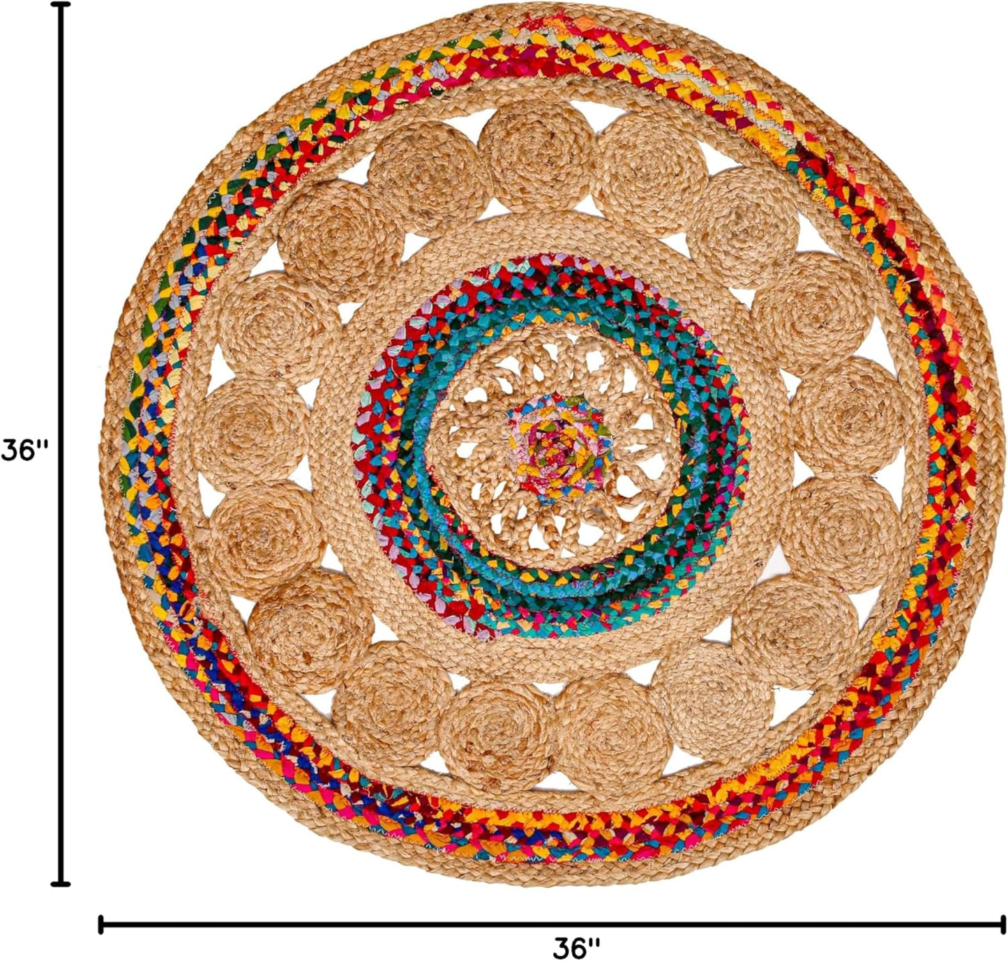 3' Round Handwoven Jute Chindi Area Rug - Colorful Boho Rugs for Living Room - Hand Braided Multicolor Bohemian Rug for Farmhouse, Bedroom, Dining Room, Classroom, Hallway, Kitchen, Office