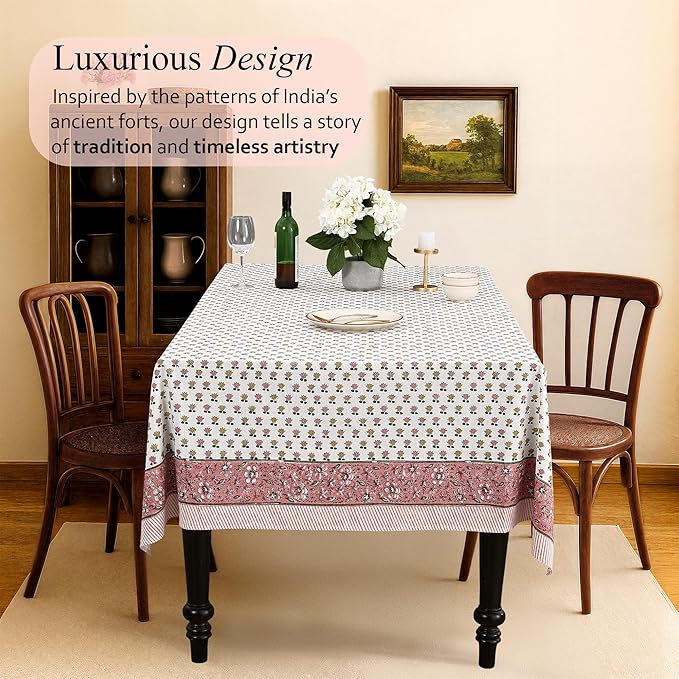 CPC Rosette Bloom Tablecloth 100% Cotton 70x118 Inch Indian Block Print Rectangle Table Cover, Table Cloth for Gifting in Weddings, Halloween, Fall, Christmas, Thanksgiving