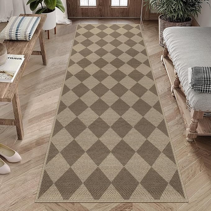 Easy Jute Checkered Runner Rug, 2.6x8 Brown Modern Washable Rugs Runner for Hallway Non-Slip Kitchen Runner Rug, Geometric Diamond Indoor Outdoor Carpet for Porch Laundry Entryway
