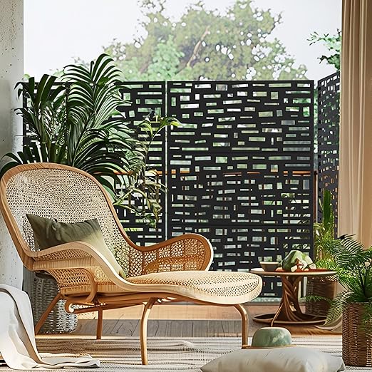 Casaphoria Metal Privacy Screen Outdoor, 72" H x 47" W Freestanding Decorative Privacy Screen for Patio Deck Balcony Garden with Stable Base, Black-Gerald