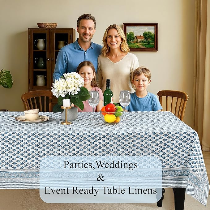 CPC Tablecloth 100% Cotton 60x90 Inch Indian Block Print Rectangle Table Cover, Washable Table Cloth for Weddings, Spring/Summer, Barbeque - Apatite Blue