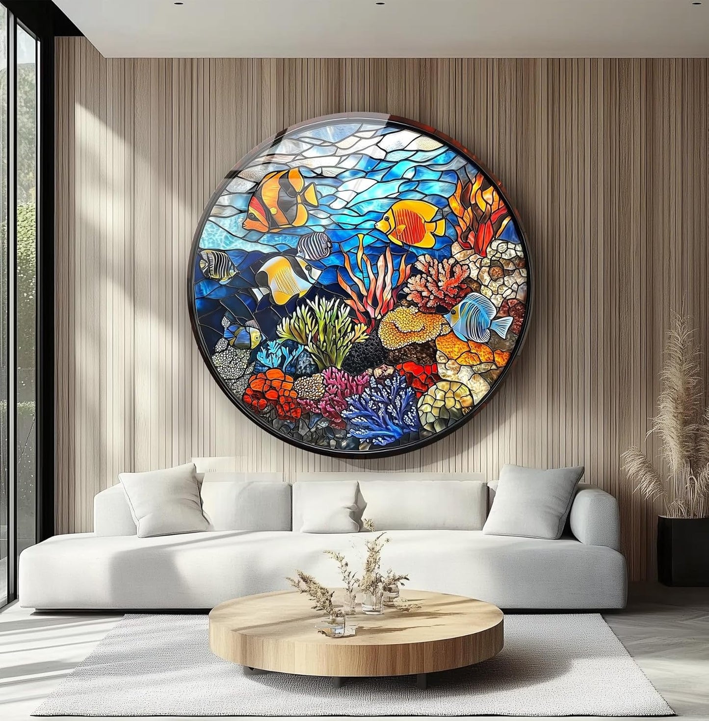 My Photostation.com 20''(50cm) Diameter Coral Reef Mosaic Round Glass Wall Art Tempered Glass Printing Wall Decor Large Wall Art Wall Hangings