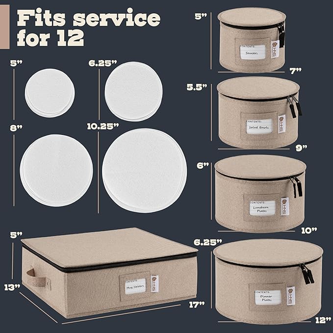 China Storage Hard Shell Containers 5-Piece Set Moving Boxes for Dinnerware, Glasses, Plates, Mugs and Saucers Sturdy Dish Organizer with Dividers for Seasonal Storage - Service for 12 - Brown