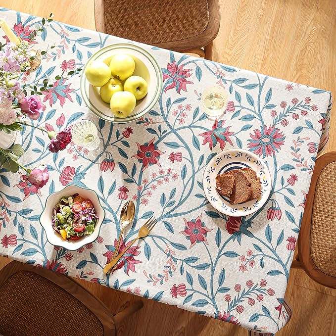 Designer Linen Long Rectangle Tablecloth,Vintage William Morris Wrinkle Resistant Floral Table Cloth,Decor Table Cover for Kitchen,Dining,Thanksgiving,Christmas,63"*94"-Dorodango B