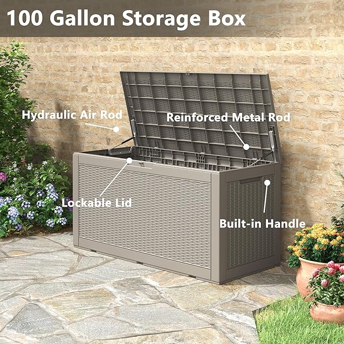 Outdoor Storage Box, Resin Deck Boxes Indoor and outdoor, Waterproof Storage Box Lockable Lid (Grey, 100 Gallon)