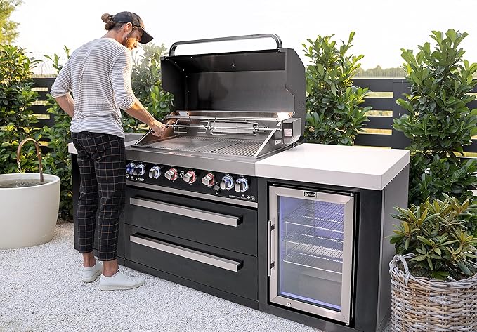 Mont Alpi MAi805-BSSFC 44-inch 6-Burner 115000 BTU Black Stainless Steel Gas Outdoor Kitchen Bar Island Grill w/Wine Cooler Beverage Center Refrigerator + Infrared Side Burner + Granite Countertop
