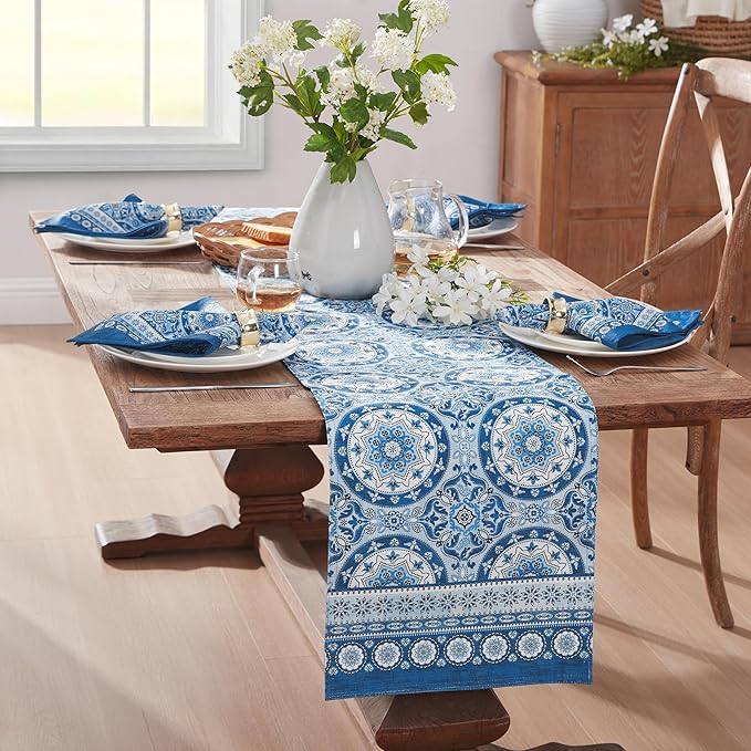 Elrene Home Fashions Vietri Medallion Blue Coastal Block Print Stain & Water Resistant Indoor/Outdoor Table or Console Runner, 13"x70"