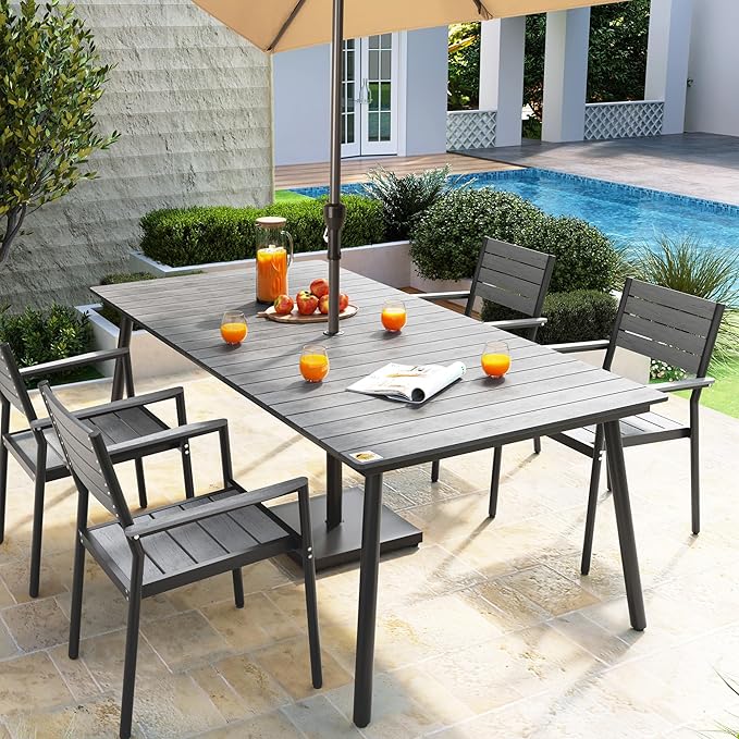 83" Patio Outdoor Dining Table for 6-8, Weather-Resistant Aluminum Frame with Wood-Grain Top & Umbrella Hole for Deck Gatherings, Grey