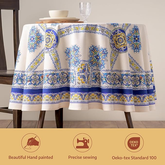 Maison d'Hermine Premium Table Cloth Round Table 100% Cotton 70 Inches Tablecloth Reusable Decorative Everyday Use for Dining Room, Farmhouse, Home, Party, Festive & Wedding - Sciacca