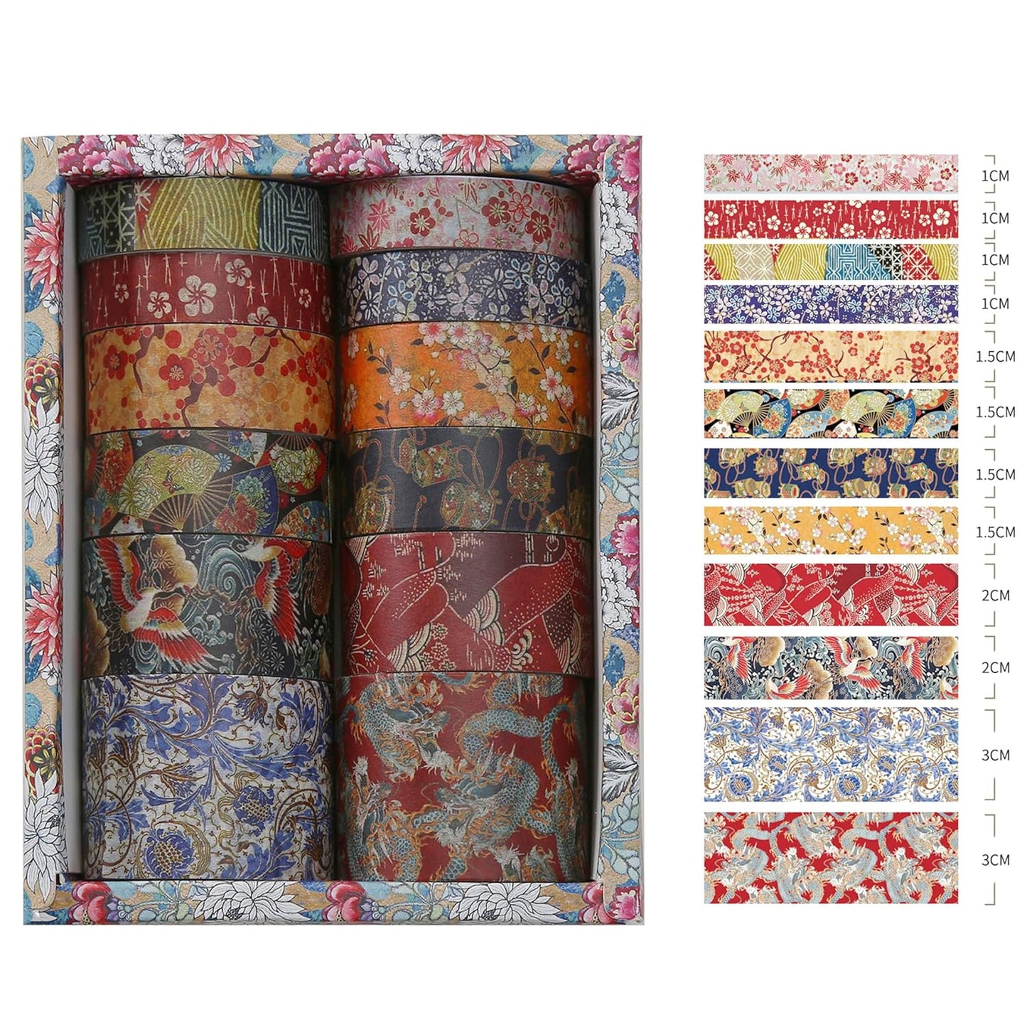 12 Rolls Kyoto Charm Washi Tape Set Japanese Arts Adhesive Tapes Geometric Garden Decorative Masking Tape Sets for Craft, Kids, Scrapbook, DIY, Gift Wrapping (Floral Bird)