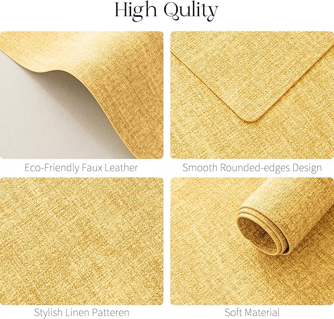 MOSAYT Placemats Set of 8, Heat Resistant Vinyl Place Mats with Coasters, Wipeable Washable 100% Waterproof Oil Proof Faux Leather Table Mats for Kitchen Dining Party Outdoor, 12" x 17", Yellow