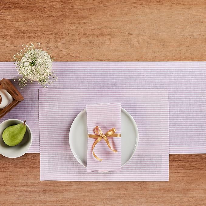 Solino Home Linen Table Runner 144 Inches Long - Narrow Stripe, 100% Pure Linen Pink and White Table Runner 14 x 144 Inch for Dining, Valentines, Spring, Easter