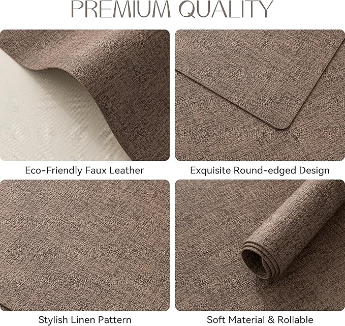 Romanstile Vinyl Placemats Set of 6-12 X 17 Inch - Heat Resistant Place Mats 100% Waterproof Oilproof Wipeable Reversible Faux Leather Table Mats for Kitchen, Dining, Party, Outdoor, Brown