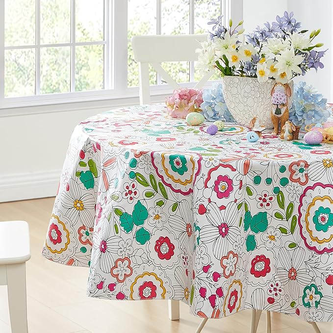 Newbridge Shabby Chic Lily Print 70 Inch Round Vinyl Flannel Backed Tablecloth, Pink Yellow and Green Lily Indoor and Outdoor Waterproof Vinyl Table Cover for Spring Holiday Party