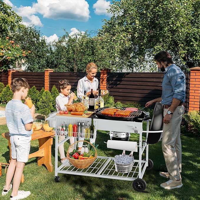 Vongrasig Grill Cart for Weber Kettle 18" & 22", Charcoal Grill Table, Outdoor Kitchen Island with Storage for Jumbo Joe,Master-Touch Charcoal Grill, Silver