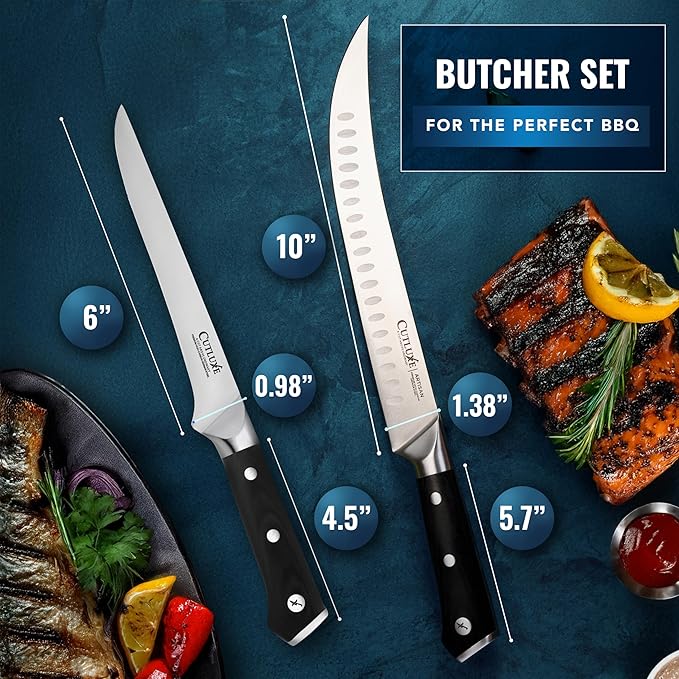 Cutluxe Butcher Carving Set – Cimeter Breaking & Boning Knives for Meat Cutting – Professional Knife, Razor Sharp German Steel, Full Tang, Ergonomic, Butcher Knives for BBQ – Artisan Series