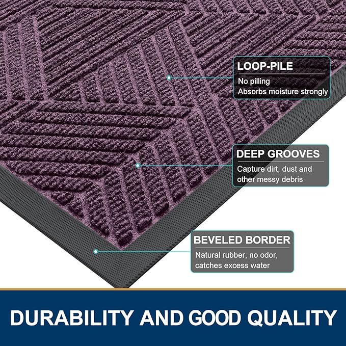 Smiry Front Door Mat Outside Entrance, Heavy Duty Sturdy Natural Rubber Doormat, Trap Dirt and Moisture, Easy Clean Low Profile Mats for Indoor Outdoor Entry, Irregular Triangle (36x24, Purple)