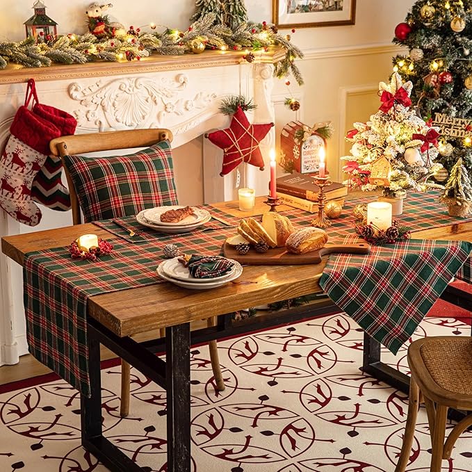 Green Red Plaid Christmas Table Runner, Winter Holiday Table Runners 72 inches Long, Xmas Decorations Indoor Outdoor Farmhouse Home Kitchen Dining Party Decor