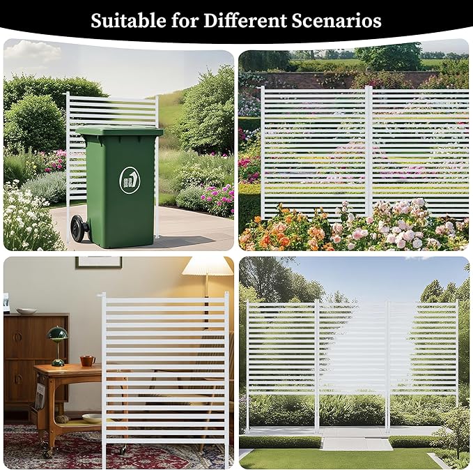 Outdoor Privacy Screen with Stand, Rustproof Metal Fence Panel, 35.43’’x 47.24’’ PE-Coated Steel Slats, Decorative Privacy Fence for Patio, Garden, Backyard, Trash Can, White(1 Panel)