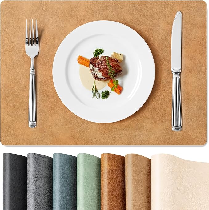 Roxifina Faux Leather Placemats Set of 8 - Vinyl Placemats Wipeable Waterproof Oil-Proof PU Place Mats Heat Resistant Reversible Table Mats for Dining, Kitchen, Outdoor, 12 x 17 Inch (Camel)