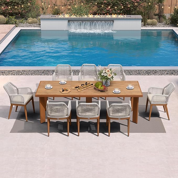 PURPLE LEAF 9 Pieces Patio Dining Set Aluminum Rectangular Table and Rattan Arm Chairs with Cushions for Kitchen Porch Garden Modern Outdoor Furniture Sets