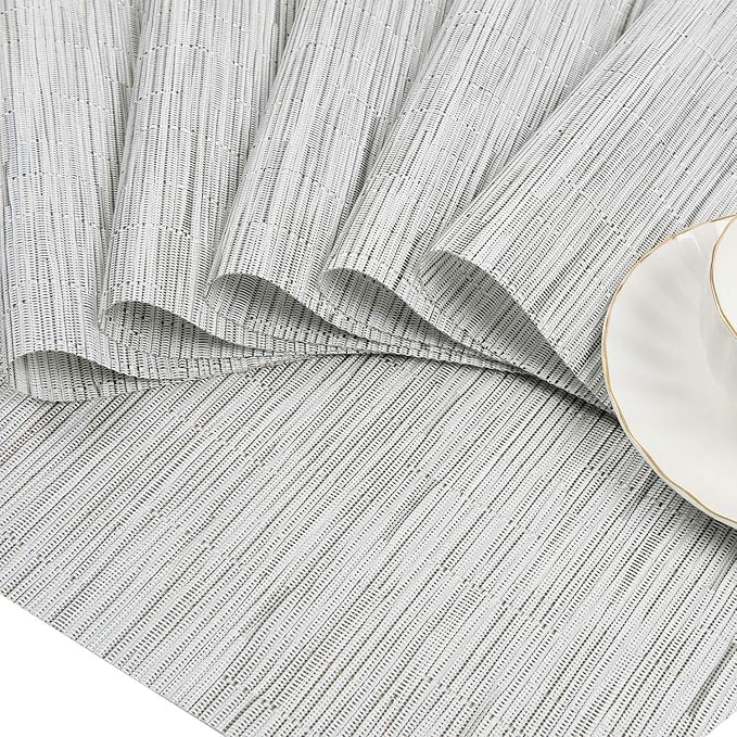 SHACOS Small Round Table Placemats Wedge Placemat Set of 4 Non Slip Heat Resistant Woven Vinyl Table Mats Wipe Clean Indoor Outdoor (4, Gray White)