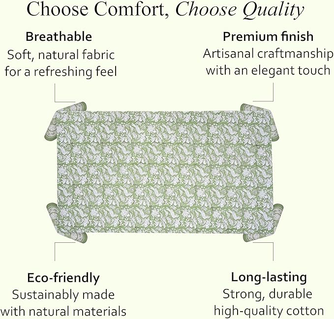 CPC Tablecloth 100% Cotton 70x118 Inch Indian Block Print Rectangle Table Cover, Table Cloth for Weddings, Spring/Summer, Barbeque - Olive Green