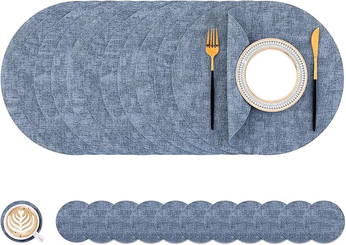 Homaxy Round Faux Leather Placemats and Coasters, Washable Dual-Side Table Mats, Wipeable Heat-Resistant Dining Place Mats for Outdoor and Indoor, Set of 12, Diameter 13 and 3.93 inch, Blue