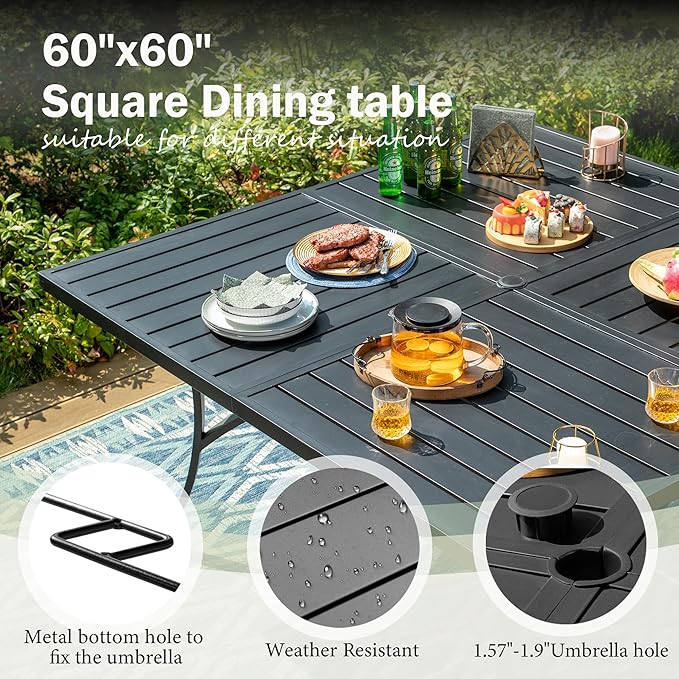 9 Pieces Outdoor Dining Set for 8, Patio Dining Set Wicker Rattan Chairs with Soft Cushion and Square Table with Umbrella Hole, Wicker Patio Table and Chairs for Backyard Porch