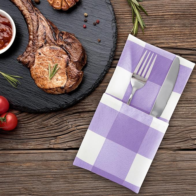 Buffalo Plaid Table Napkins Set of 50 Checkered Cloth Napkins 17x17 inch Washable Dinner Gingham Pattern Napkins Soft Napkins for Wedding Party Dining Banquet(Lavender and White)