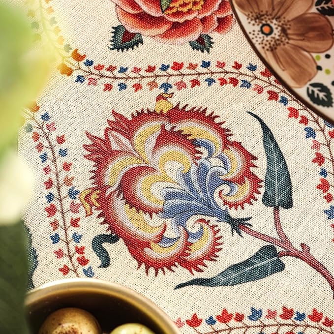 Vintage French Round Tablecloth,Linen Extra Long Tablecloth with Rose and Cornflower Pattern,Decorative Table Cover for Kitchen,Dining,Thanksgiving,Party,Diameter 67"-Lanae