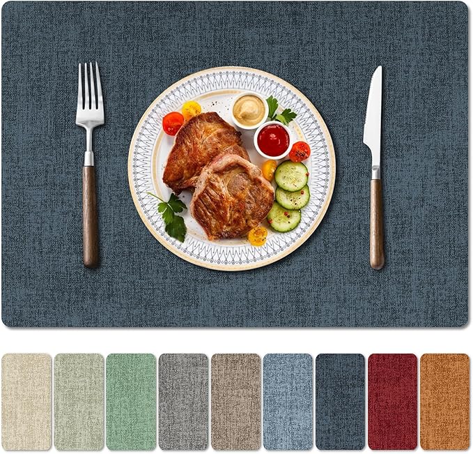 Faux Leather Heat Resistant Placemats Set of 4 – Waterproof Oilproof Wipeable Dining PU Vinyl Place Mat Easy Clean Table Mats for Kitchen/Dining/Party/Holiday, Navy Blue