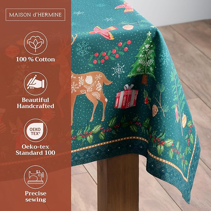 Maison d' Hermine Table Cloth Rectangle Table 100% Cotton 60 x 120 Inches Fall Tablecloth Reusable Everyday Use for Thanksgiving Christmas Decorations Dining Farmhouse Party (Hygge Christmas)