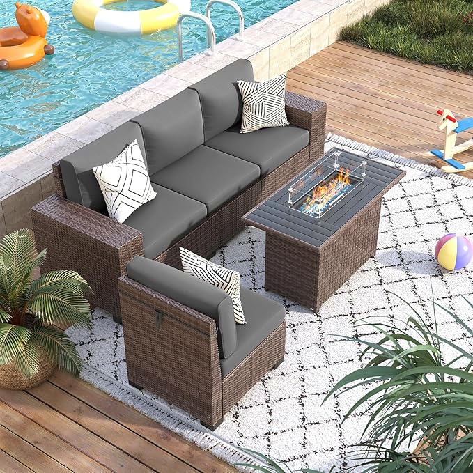 Patio Furniture Set with Fire Pit Table 5 Piece, Outdoor Conversation Sets Brown Wicker Rattan Sectional Sofa for Deck Garden Backyard, 4'' Thickened Cushion Dark Grey