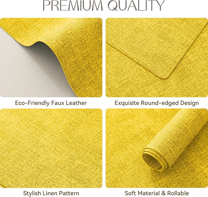 Romanstile Vinyl Placemats Set of 8-12 X 17 Inch - Heat Resistant Place Mats 100% Waterproof Oilproof Wipeable Reversible Faux Leather Table Mats for Kitchen, Dining, Party, Outdoor, Yellow