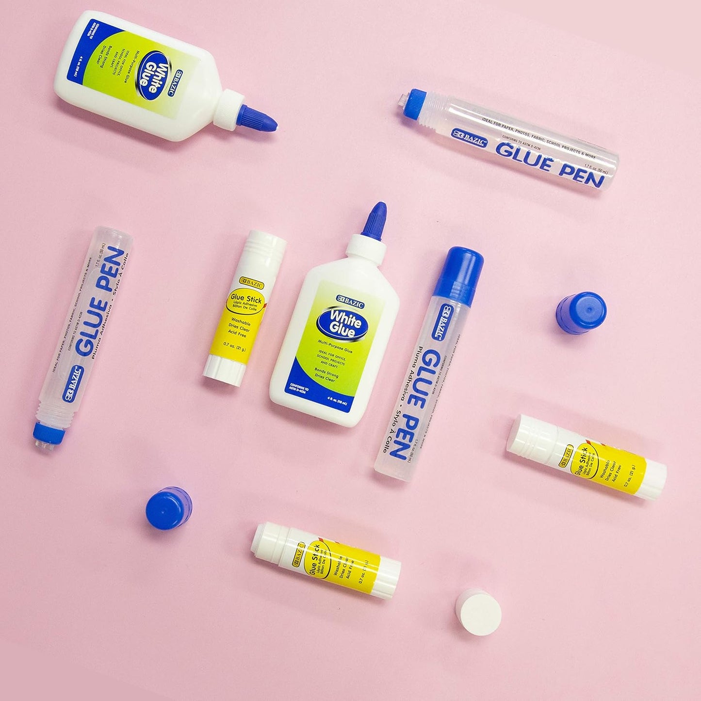BAZIC White Glue 4oz., Clear Glue 1.7oz., Glue Stick 0.7oz., Washable Liquid Glue Pen, Multi-Purpose, for School Home Office (3/Pack), 4-Pack