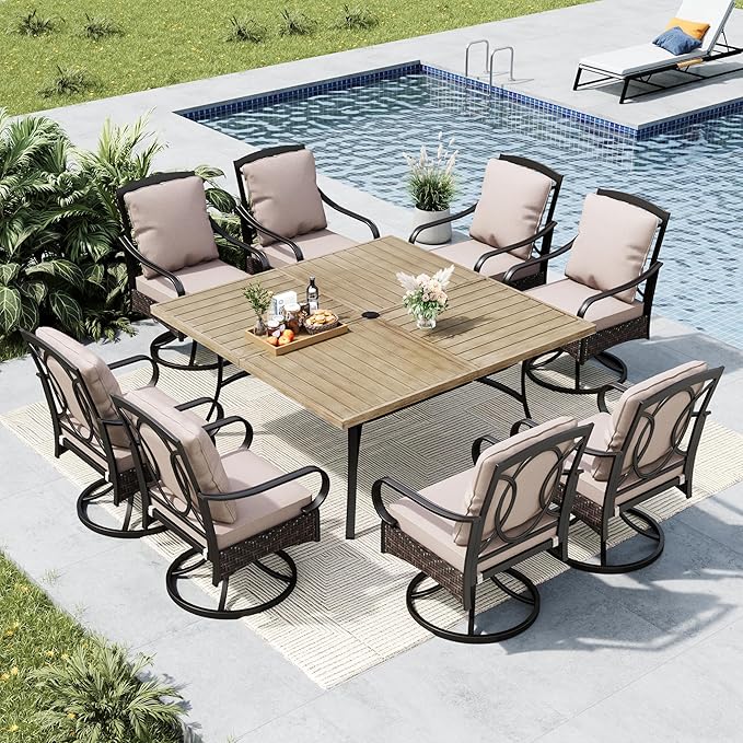 MFSTUDIO 9 Pieces Outdoor Dining Set for 8, Patio Dining Sets with Swivel Chairs, Wood-Like Metal Outdoor Table and Chairs, Large Heavy Duty Patio Dining Furniture for 8, Deck, Backyard