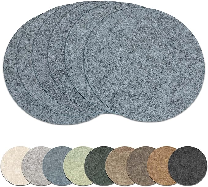 13" Round Placemats Set of 6, Reversible Faux Leather Heat Resistant Table Mats, Waterproof Oilproof Wipeable Table Protective Placemats for Vinyl, Washable for Indoor & Outdoor Use (6, Light Blue)