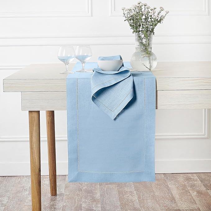 D'Moksha Homes Linen Powder Blue Table Runner 72 Inches Long - 100% Pure Linen Hemstitch Table Runner 14 x 72 Inch for Dresser, Dining, Spring, Easter - Classic Hemstitch