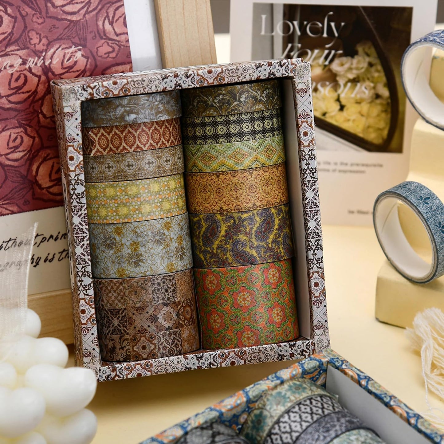 12 Rolls Exotic Charm Washi Tape Set Floral Arts Adhesive Tapes Geometric Garden Decorative Masking Tape Sets for Craft, Kids, Scrapbook, DIY, Gift Wrapping (Gilded Radiance)