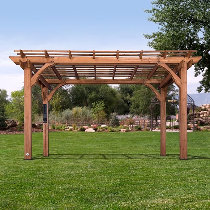 Backyard Discovery Beaumont 14' x 10' Traditional Cedar Wood Pergola Kit with Trellis Roof, All-Season Durability, High-Wind Rating, PowerPort, Shade for Outdoor Patio, Deck, Garden, and Entertaining