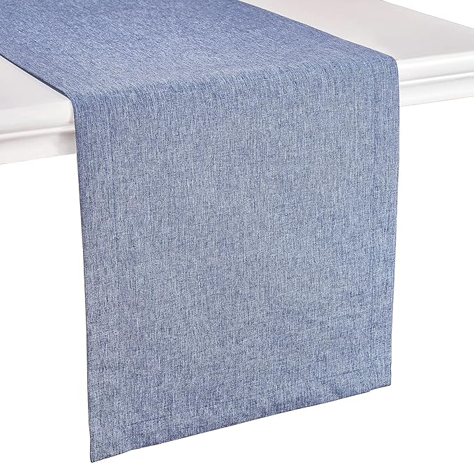 Mebakuk Linen Farmhouse Table Runner Large Burlap Style Soft and Waterproof Decorative Fabric Runner for Outdoor Wedding and Dinner (14 x 90 Inch, Denim Blue)