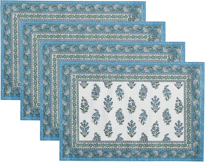 Elrene Home Fashions Tropez Paisley Block Print Coastal Stain & Water Resistant Indoor/Outdoor Placemats, Set of 4, 13"x19"