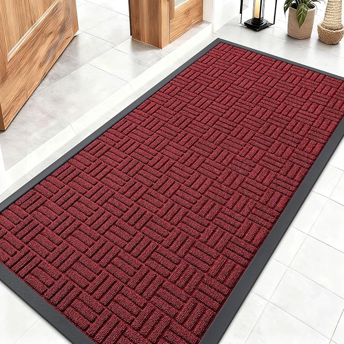 OLANLY Front Door Mat Outside Entrance 47x23, Absorbent, Heavy Duty Sturdy Natural Rubber Doormat Indoor Outdoor, Non-Slip, Stain and Fade Resistant, Low Profile Floor Mat for Entryway, Black Red